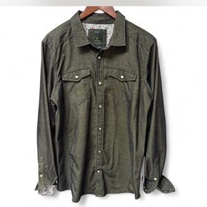 Prana Kellan Button Down Shirt Men's L Green Cargo Slim Fit Flip Cuff Pearl Snap